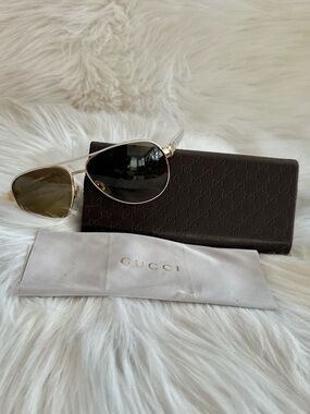 Gucci White & Gold Frame Black Aviator Sunglasses, Gradient Tan Lenses with Case